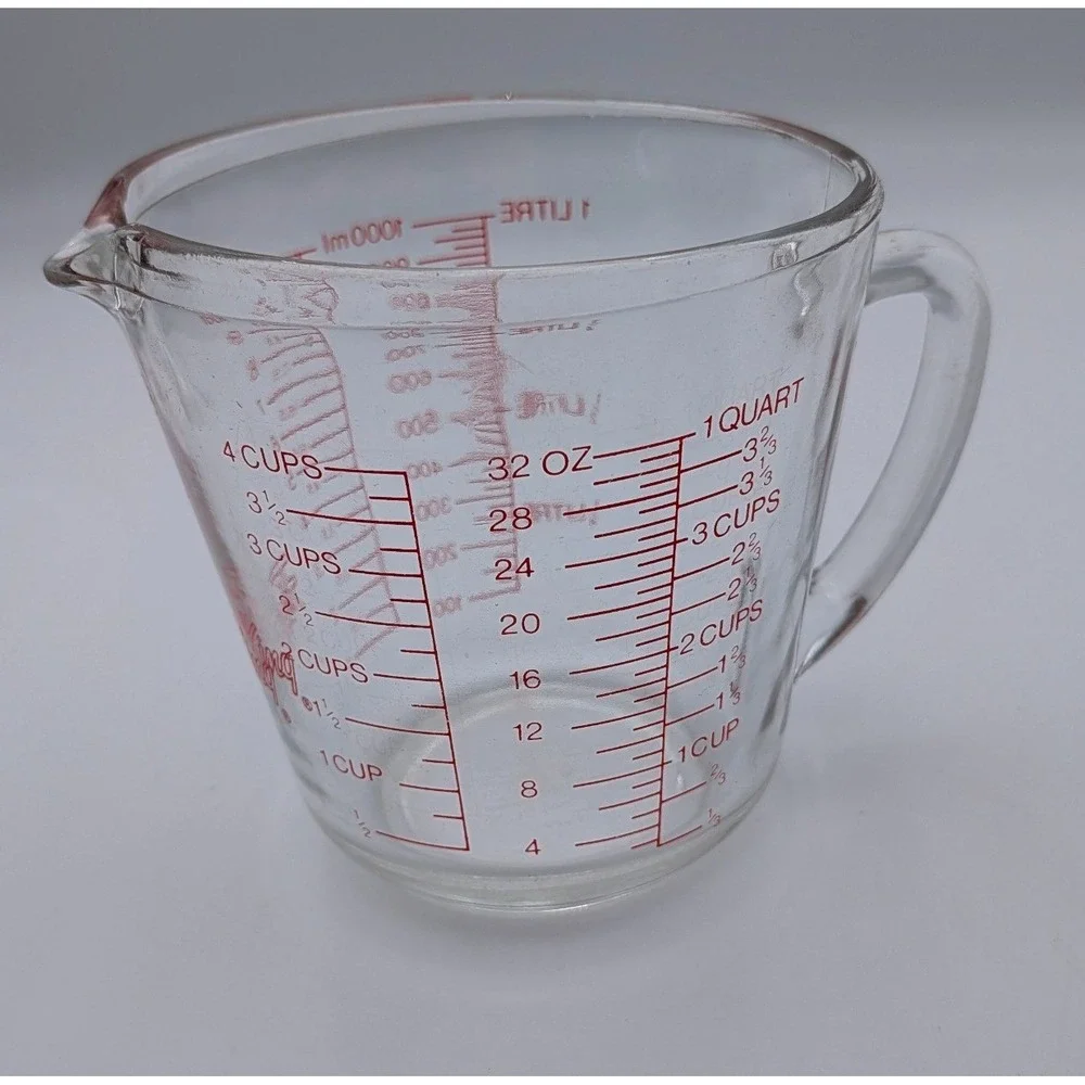 Fire-King Anchor Hocking Glass Measuring Cup 4 Cup 1 Quart Red Lettering Vintage